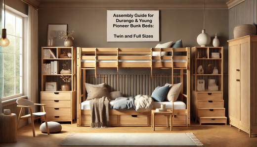 Cozy bedroom with wooden Durango & Young Pioneer bunk beds, warm decor, pillows, blankets, and matching natural wood furniture for a stylish space.