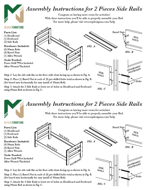 Assembly Instructions for 2 Pieces Side Rails - M&J Design Furniture- Durango & Young Pioneer Single Beds - M&J Design Furniture 