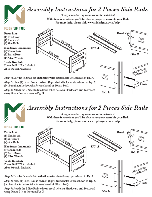 Assembly Instructions for 2 Pieces Side Rails - M&J Design Furniture- Durango & Young Pioneer Single Beds - M&J Design Furniture 