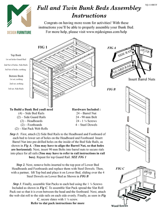 Twin And Full Bunk Bed Assembly Instructions for your Convenience - Durango- Young Pioneer - M&J Design Furniture 