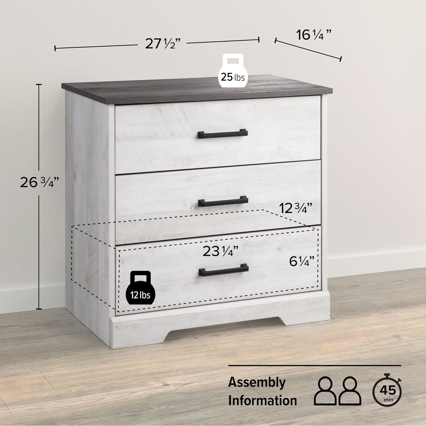 Dawson 3-Drawer Nightstand, Washed White - M&J Design Furniture 